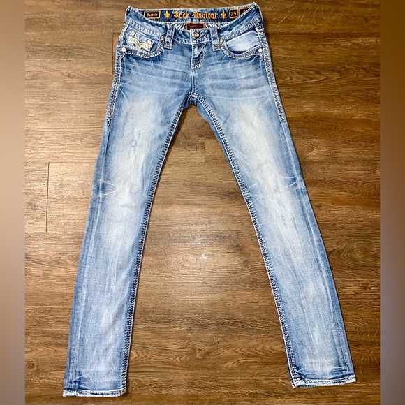 ROCK REVIVAL BARBILA STRAIGHT METALLIC SILVER LACE FLAP POCKETS RHINESTONES 25 - Picture 5 of 8